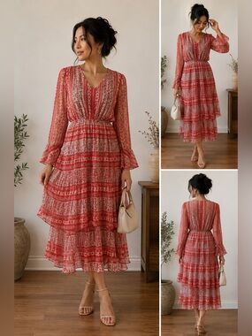 Women Tiered orange ruffle long full sleeve dress